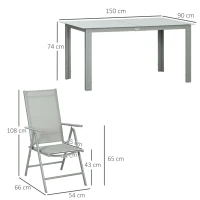 Outsunny 7 Piece Garden Dining Set, Outdoor Table and 6 Folding and Reclining Chairs, Aluminium Frame, Tempered Glass Top Table, Texteline Seats, Grey(m-3)