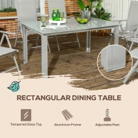 Outsunny 7 Piece Garden Dining Set, Outdoor Table and 6 Folding and Reclining Chairs, Aluminium Frame, Tempered Glass Top Table, Texteline Seats, Grey(m-8)