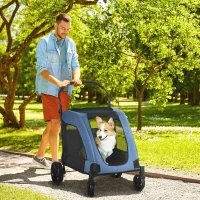 PawHut Dog Stroller 4 Wheels Pet Trolley Carrier Mesh Windows for Medium Large Dogs Traveling Blue(m-2)