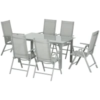 Outsunny 7 Piece Garden Dining Set, Outdoor Table and 6 Folding and Reclining Chairs, Aluminium Frame, Tempered Glass Top Table, Texteline Seats, Grey(m-1)