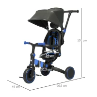 AIYAPLAY Triciclo Bambini 3 in 1 Tettuccio Regolabile con Maniglia di Spinta 18 mesi-4 anni - Blu(m-3)