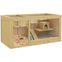 PawHut Knaagdierkooi, Sparrenhout, inclusief accessoires en drinkfles, 100 x 50 x 50 cm, Natuurlijk(m-10)
