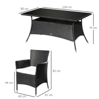 Outsunny 6 Seater Rattan Garden Furniture Dining Set, Cushion Filled Chair, Glass-top Table - Black/Cream(m-3)