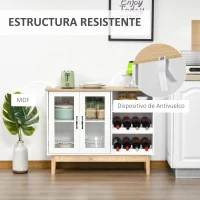 HOMCOM Aparador de Cocina con 2 Botelleros para 8 Botellas de Vino Armario de 2 Puertas de Cristal y Estantes Abiertos Moderno para Comedor Bar 103x34x80 cm Blanco y Roble(m-7)