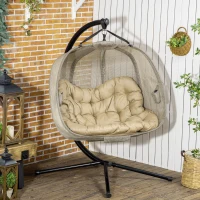 Outsunny Double Hanging Egg Chair 2 Seaters Texteline Swing Hammock Chair with Stand, Cushion and Folding Design, for Indoor and Outdoor, Brown(m-10)