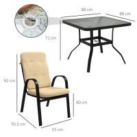 Outsunny 5 Pieces Outdoor Square Garden Dining Set w/ Tempered Glass Dining Table 4 Cushioned Armchairs, Umbrella Hole, Beige(m-3)