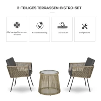 Outsunny 3-delige loungeset, 2 stoelen, bijzettafel, zit- en rugkussens, gehard glazen tafelblad, kunstrotan, grijs(m-4)