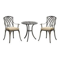 Outsunny 3 Piece Cast Aluminium Garden Bistro Set for 2 with Parasol Hole, Outdoor Coffee Table Set with Cushions - Bronze(m-1)