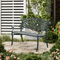 Outsunny Metal Garden Bench for Front Porch, Loveseat Like 2 Person, Armrests, Copper Color Cast Aluminum, Weaving Latticework Outdoor Furniture, Verdigris Green(m-12)