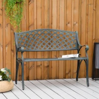 Outsunny Metal Garden Bench for Front Porch, Loveseat Like 2 Person, Armrests, Copper Color Cast Aluminum, Weaving Latticework Outdoor Furniture, Verdigris Green(m-2)