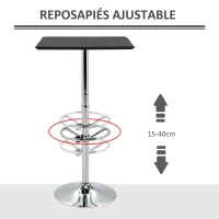 HOMCOM Mesa Alta de Bar Cuadrada con Reposapiés Ajustable y Marco de Metal para Salón Comedor 62x62x110 cm Negro y Plata(m-4)