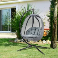 Outsunny Hanging Egg Chair, Folding Texteline Swing Hammock with Side Pocket, Cushion and Stand for Indoor Outdoor, Patio Garden Furniture, Grey(m-11)