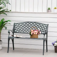 Outsunny Metal Garden Bench for Front Porch, Loveseat Like 2 Person, Armrests, Copper Color Cast Aluminum, Weaving Latticework Outdoor Furniture, Verdigris Green(m-11)