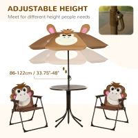 Outsunny Kids Bistro Table and Chair Set, Outdoor Folding Garden Furniture w/Monkey Design, Removable, Adjustable Sun Umbrella, Ages 3-6 Years - Brown(m-5)