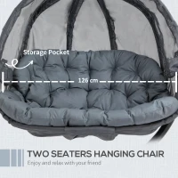 Outsunny Double Hanging Egg Chair 2 Seaters Texteline Swing Hammock Chair with Stand, Cushion and Folding Design, for Indoor and Outdoor, Grey(m-8)