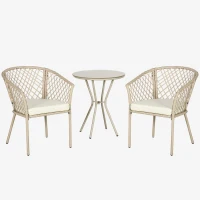 Outsunny Rattan Tuinmeubelset, 2 Stoelen en Tafel, Gehard Glas Tafelblad, PE Rattan, Zitkussens, Metalen Frame, Khaki(m-10)