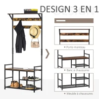HOMCOM Meuble d'entrée 3 en 1 avec porte-manteau range-chaussures et banc 3 étagères 84 x 34,5 x 180 cm marron et noir(m-4)