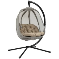 Outsunny Hanging Egg Chair, Folding Texteline Swing Hammock with Side Pocket, Cushion and Stand for Indoor Outdoor, Patio Garden Furniture, Khaki(m-1)
