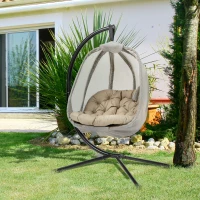 Outsunny Hanging Egg Chair, Folding Texteline Swing Hammock with Side Pocket, Cushion and Stand for Indoor Outdoor, Patio Garden Furniture, Khaki(m-11)