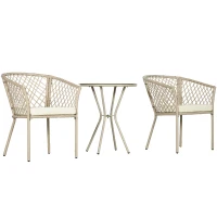Outsunny Rattan Tuinmeubelset, 2 Stoelen en Tafel, Gehard Glas Tafelblad, PE Rattan, Zitkussens, Metalen Frame, Khaki(m-1)