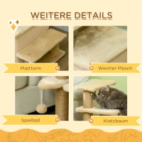 PawHut Huisdierentrap, Krabpaal, 4 treden, Speelbal, Huisje, Verstelbaar in hoogte, 60 x 40 x 66 cm, Beige(m-6)