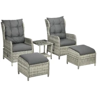 Outsunny 5 Pieces PE Rattan Garden Furniture, Outdoor Half-round Wicker Recliner Sofa Bed with Glass Top Two-tier Table and Footstools, Ready to Use, Mixed Grey(m-1)