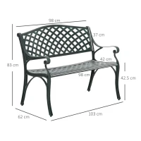 Outsunny Metal Garden Bench for Front Porch, Loveseat Like 2 Person, Armrests, Copper Color Cast Aluminum, Weaving Latticework Outdoor Furniture, Verdigris Green(m-3)