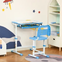 HOMCOM Kids Desk and Chair Set, Height Adjustable Student Writing Desk, Children School Study Table with Tiltable Desktop, Drawer, Pen Slot, Hook - Blue(m-12)