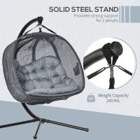 Outsunny Double Hanging Egg Chair 2 Seaters Texteline Swing Hammock Chair with Stand, Cushion and Folding Design, for Indoor and Outdoor, Grey(m-7)