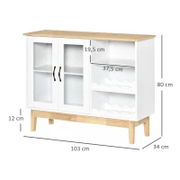 HOMCOM Aparador de Cocina con 2 Botelleros para 8 Botellas de Vino Armario de 2 Puertas de Cristal y Estantes Abiertos Moderno para Comedor Bar 103x34x80 cm Blanco y Roble(m-3)