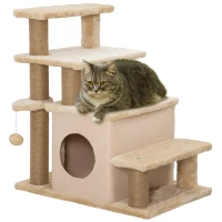 PawHut Huisdierentrap, Krabpaal, 4 treden, Speelbal, Huisje, Verstelbaar in hoogte, 60 x 40 x 66 cm, Beige(m-10)