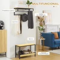 HOMCOM Móvel Cabide de Entrada 2 em 1 com Cabide de Parede e Banco Sapateira Moderno com 4 Ganchos 1 Barra e 1 Prateleira Carvalho(m-4)