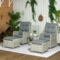 Outsunny 5 Pieces PE Rattan Garden Furniture, Outdoor Half-round Wicker Recliner Sofa Bed with Glass Top Two-tier Table and Footstools, Ready to Use, Mixed Grey(m-10)