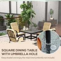 Outsunny 5 Pieces Outdoor Square Garden Dining Set w/ Tempered Glass Dining Table 4 Cushioned Armchairs, Umbrella Hole, Beige(m-4)