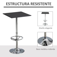 HOMCOM Mesa Alta de Bar Cuadrada con Reposapiés Ajustable y Marco de Metal para Salón Comedor 62x62x110 cm Negro y Plata(m-5)