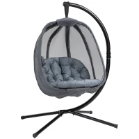 Outsunny Hanging Egg Chair, Folding Texteline Swing Hammock with Side Pocket, Cushion and Stand for Indoor Outdoor, Patio Garden Furniture, Grey(m-1)