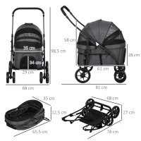 PawHut Carrinho para Animais de Estimação 2 em 1 Dobrável com Almofadado e Estrutura de Aço 81x68x98,5 cm Cinza Escuro(m-3)