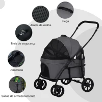 PawHut Carrinho para Animais de Estimação 2 em 1 Dobrável com Almofadado e Estrutura de Aço 81x68x98,5 cm Cinza Escuro(m-7)