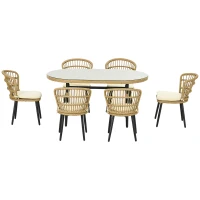 Outsunny Conjunto de Refeição de Vime Sintético de 7 Peças Inclui 6 Cadeiras com Almofadas e Mesa de Vidro Temperado Natural(m-11)