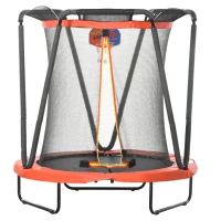 ZONEKIZ Trampolim Infantil Ø140x155 cm Trampolim para Crianças de 3-10 Anos com Cesta de Basquetebol e 20 Bolas de Plástico Vermelho(m-11)