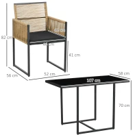 Outsunny Conjunto de 3 Peças de Jardim com 2 Cadeiras de Vime com Encosto Dobrável e Almofadas e Mesa de Vidro Natural e Preto(m-3)