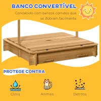 Outsunny Caixa de Areia para Crianças de Madeira com Toldo Ajustável em Altura 2 Bancos e Encostos para Jardim 106x106x121 cm Natural(m-5)