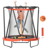 ZONEKIZ Trampolim Infantil Ø140x155 cm Trampolim para Crianças de 3-10 Anos com Cesta de Basquetebol e 20 Bolas de Plástico Vermelho(m-10)