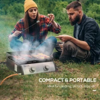 Outsunny Portable Tabletop Gas Plancha Grill w/ 2 Stainless Steel Burner, 10kW, Non-Stick Griddle for BBQ Camping Picnic Party(m-6)