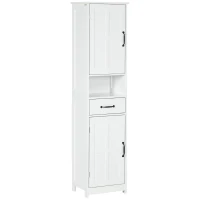 kleankin Coluna de Casa de Banho com 2 Portas 1 Gaveta Prateleira Aberta e Prateleiras Ajustáveis 40x30x164 cm Branco(m-11)