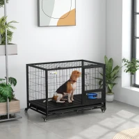 PawHut Heavy Duty Dog Crate on Wheels w/ Bowl Holder, Removable Tray, Openable Top, Detachable Door, for L, XL Dogs(m-10)