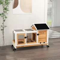 PawHut Wooden Rabbit Hutch, Guinea Pig Cage, with Removable Tray, Wheels - Yellow(m-2)