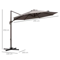 Outsunny 3m Cantilever Parasol, Rotates 360 Degrees, Hanging Parasol w/Hand Crank Aluminium Frame, Cross Base Included, Grey(m-3)