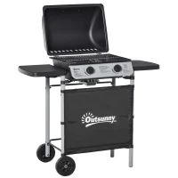 Outsunny Barbecue a Gás com 2 Queimadores 2,8 KW 2 Rodas 2 Mesas Laterais e Grelhas de Aço para Piquenique Campismo 104x49x99 cm Preto(m-11)