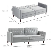 HOMCOM Sofá de 2 Lugares Convertível em Cama de Estofado Aveludado com Encosto Ajustável para Sala 189x80,5x78,5 cm Cinza Claro(m-3)